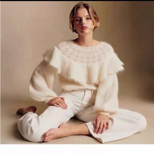 Sezane White Textured Ruffle Sweater